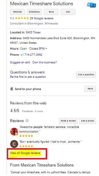Mexican Timeshare Solutions google reviews